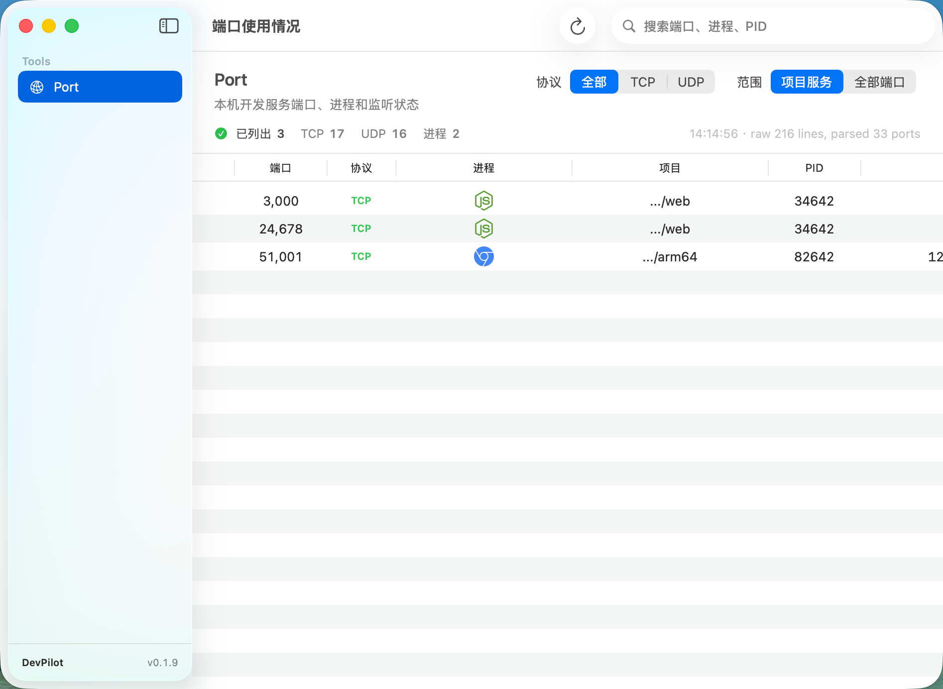 DevPilot 主窗口展示项目端口、进程、协议和工作目录
